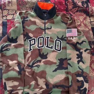 Polo Ralph Lauren Green Brown Camoflauge/Orange Quarter Zip Fleece Sweater